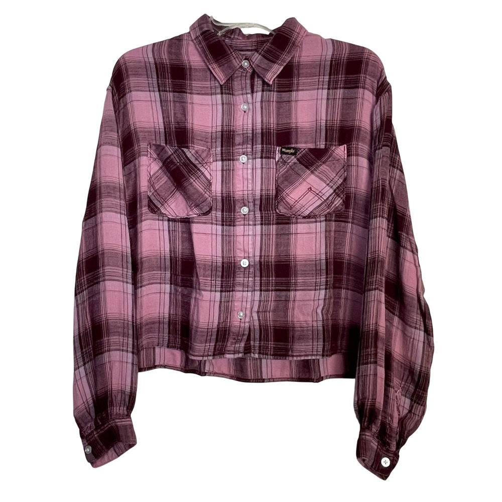 Wrangler Heritage Cropped Flannel Shirt Pink Burgundy Plaid Western Womens Small